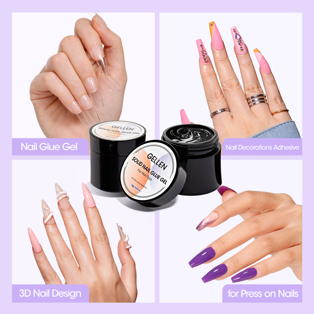 Gellen Solid Nail Glue Gel for Fake Nails, 2Pcs 15g Strong Solid Glue for Salon Nail Art UV/LED Cure Nail Prep for Press-on Nails