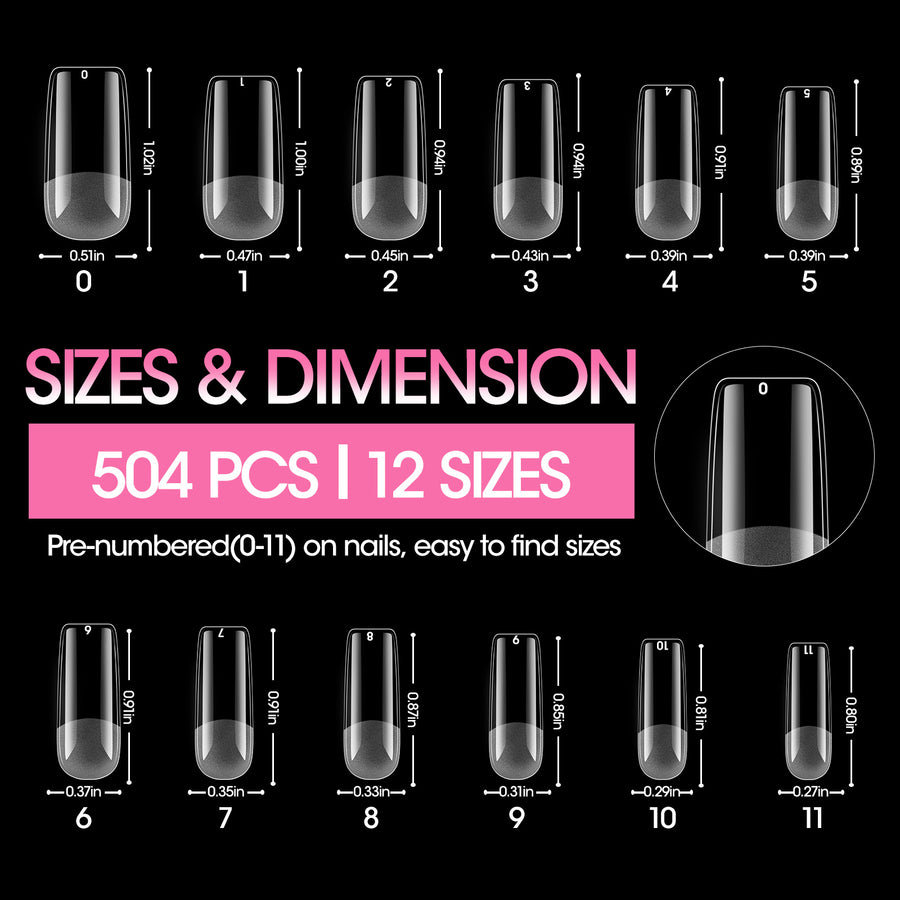 Gellen Medium Square Fake Nail Tips for Press on Nails, 504Pcs Soft Gel Tips for Nail Extensions Full Cover Pre-shaped 12 Sizes Clear False Nails for Nail Art