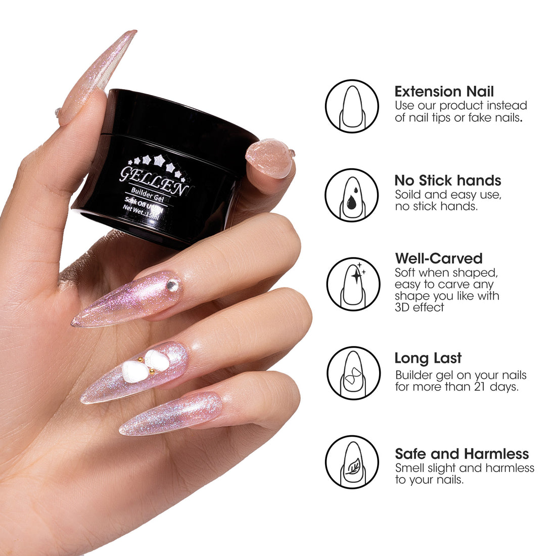 Gellen Builder Nail Gel, 4 Colors Nail Extension Gel Set Shimmer, Pink, Light Pink, Orange Hard Gel Builder Nail Extension for Nail Art