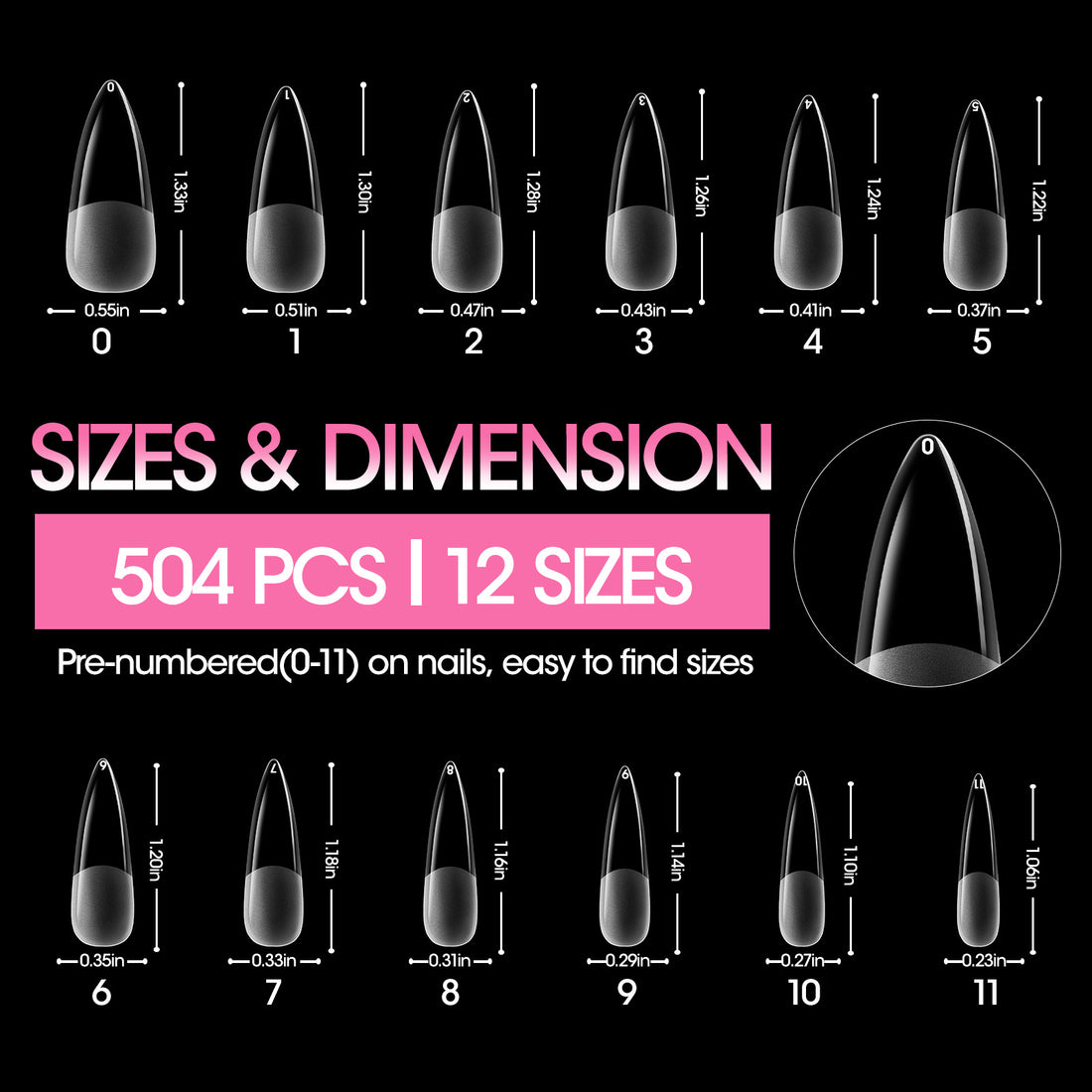 Gellen Long Stiletto Fake Nail Tips for Press on Nails, 504Pcs Soft Gel Tips for Nail Extensions Full Cover Pre-shaped 12 Sizes Clear False Nails for Nail Art