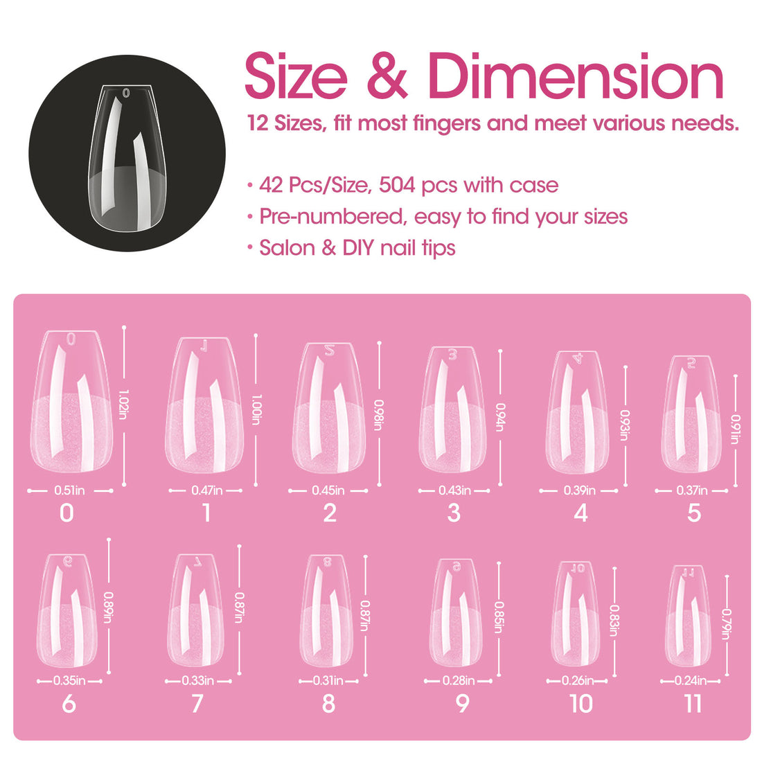 Gellen Medium Coffin Fake Nail Tips for Press on Nails, 504Pcs Soft Gel Tips for Nail Extensions Full Cover Pre-shaped 12 Sizes Clear False Nails for Nail Art