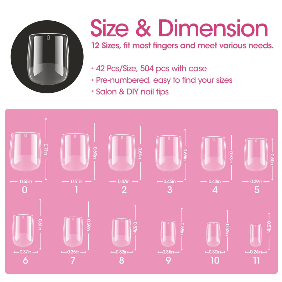 Gellen Extra Short Square Fake Nail Tips for Press on Nails, 504Pcs Soft Gel Tips for Nail Extensions Full Cover Pre-shaped 12 Sizes Clear False Nails for Nail Art