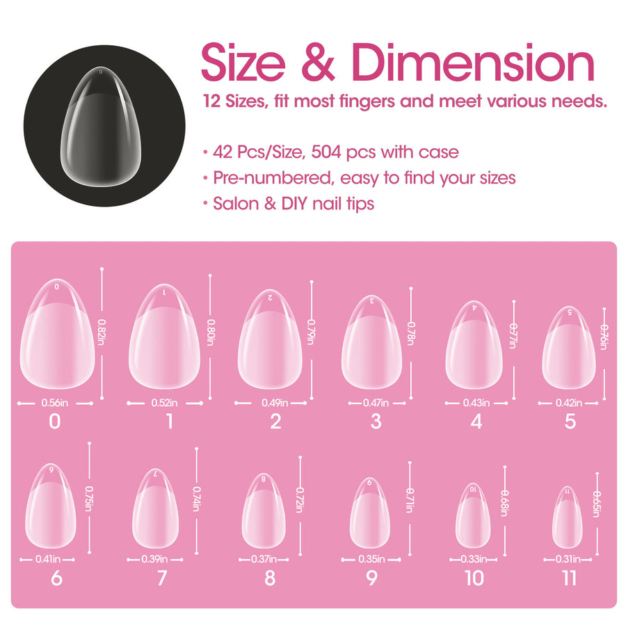 Gellen Short Almond Fake Nail Tips for Press on Nails, 504Pcs Soft Gel Tips for Nail Extensions Full Cover Pre-shaped 12 Sizes Clear False Nails for Nail Art