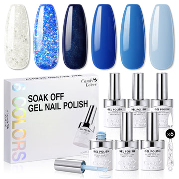 Candy Lover Gel Nail Polish, Blue Colors Gel Nail Polish Set, Blue White Glitter Gel Polish