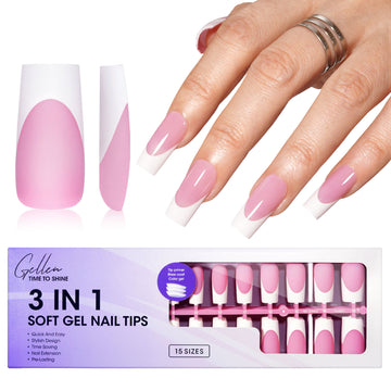 Gellen French Tips Press on Nails - 150 Pcs Pink Long Square, Salon Acrylic Press on Nails Soft Gel Nail Tips, 15 Sizes Fake Nails 3 in 1 Pre-french French Tips Full Cover Tips for Nail Art