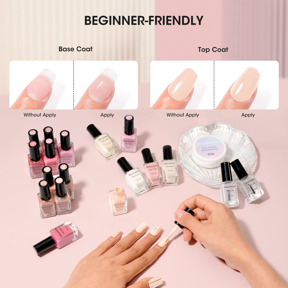 Nailshion Quick Air Dry Nail Polish Set, 16 Colors 10ML Nude Pink Peachy Nail Polish with Clear Base Top Coat and 35Pcs Remover Pads All Season Regular Nail Lacquer Gift for Women Girls