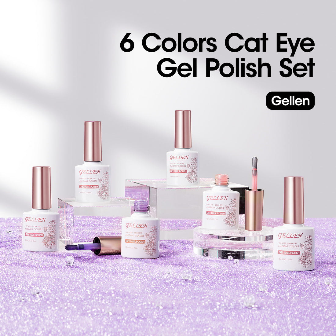 Gellen Cat Eye Gel Nail Polish Kit with Magnet, 6×10ml Glossy Mirror Effect Natural Glitter Gel Polish Set, Soak off Nail Gel At Home Salon Use