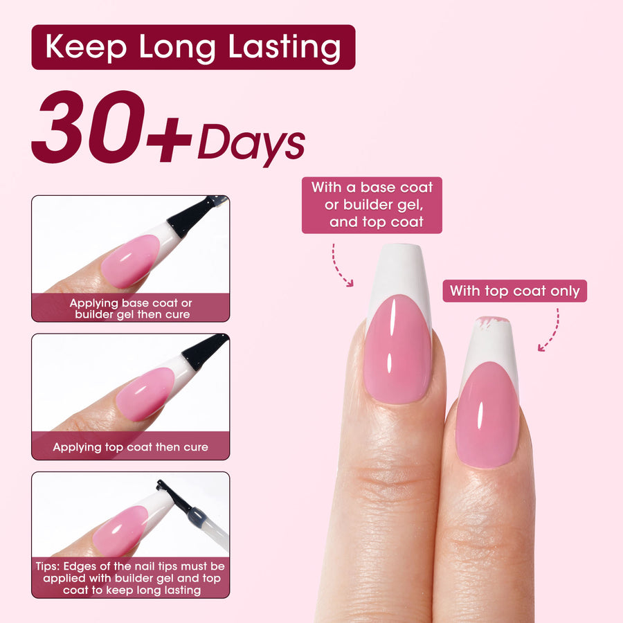 Gellen French Tips Press on Nails - 150 Pcs Pink Long Square, Salon Acrylic Press on Nails Soft Gel Nail Tips, 15 Sizes Fake Nails 3 in 1 Pre-french French Tips Full Cover Tips for Nail Art
