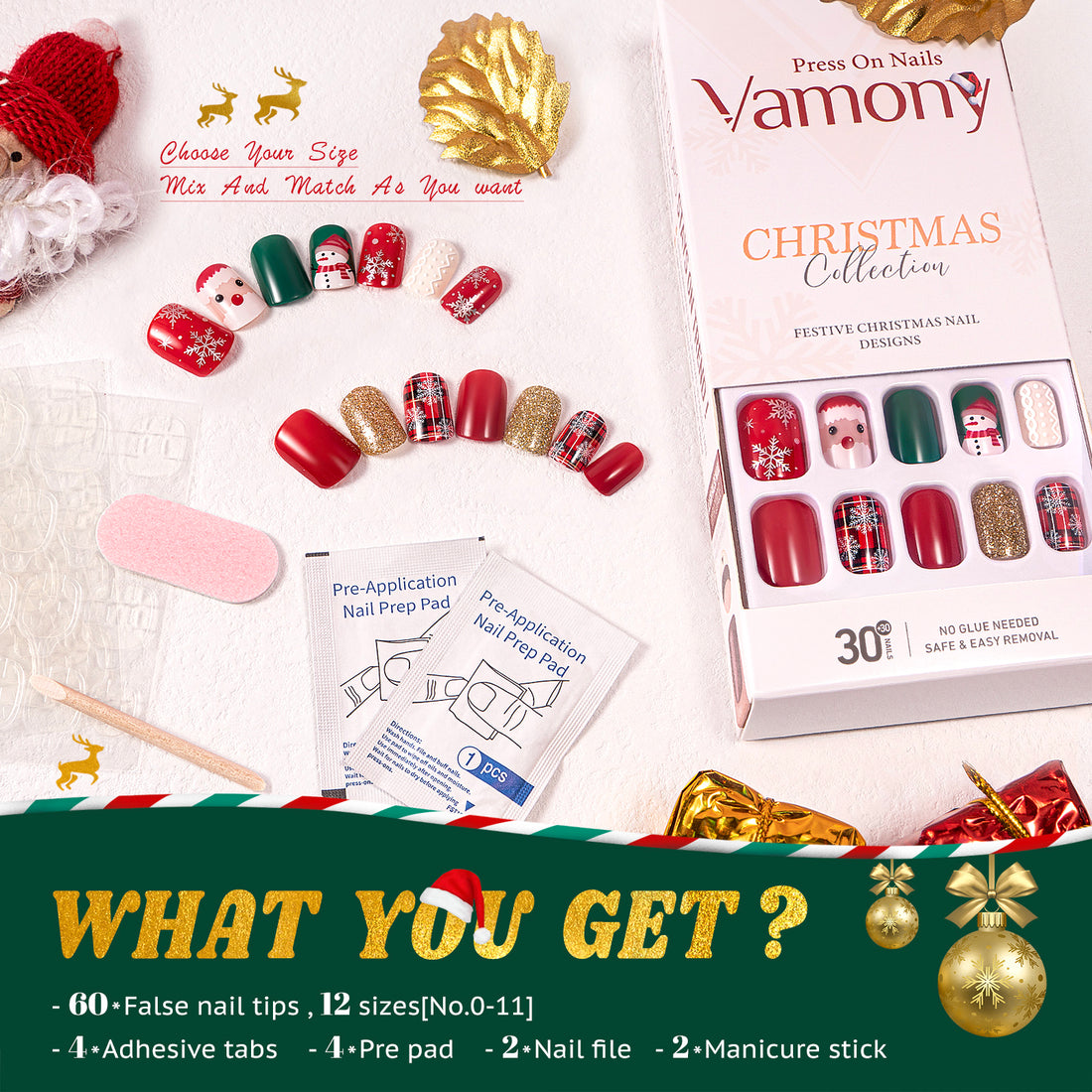 Vamony Short Square Press on Nails, Fake Nail Tips Kit with Adhesive Tabs, Mani Sticks and Files, 30 Count Xmas02 French False Nails Set Gift for Girls Women
