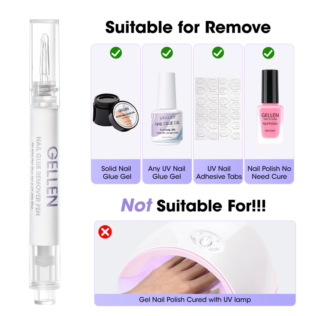 Gellen Nail Glue Remover Pen, 2Pcs 3ml Nail Glue Remover for UV Nail Glue Press on Nails, Click Remover Pen Design and Remove for Fake Nails Tips, Alcohol Acetone Free Fast Remove Gel Glue
