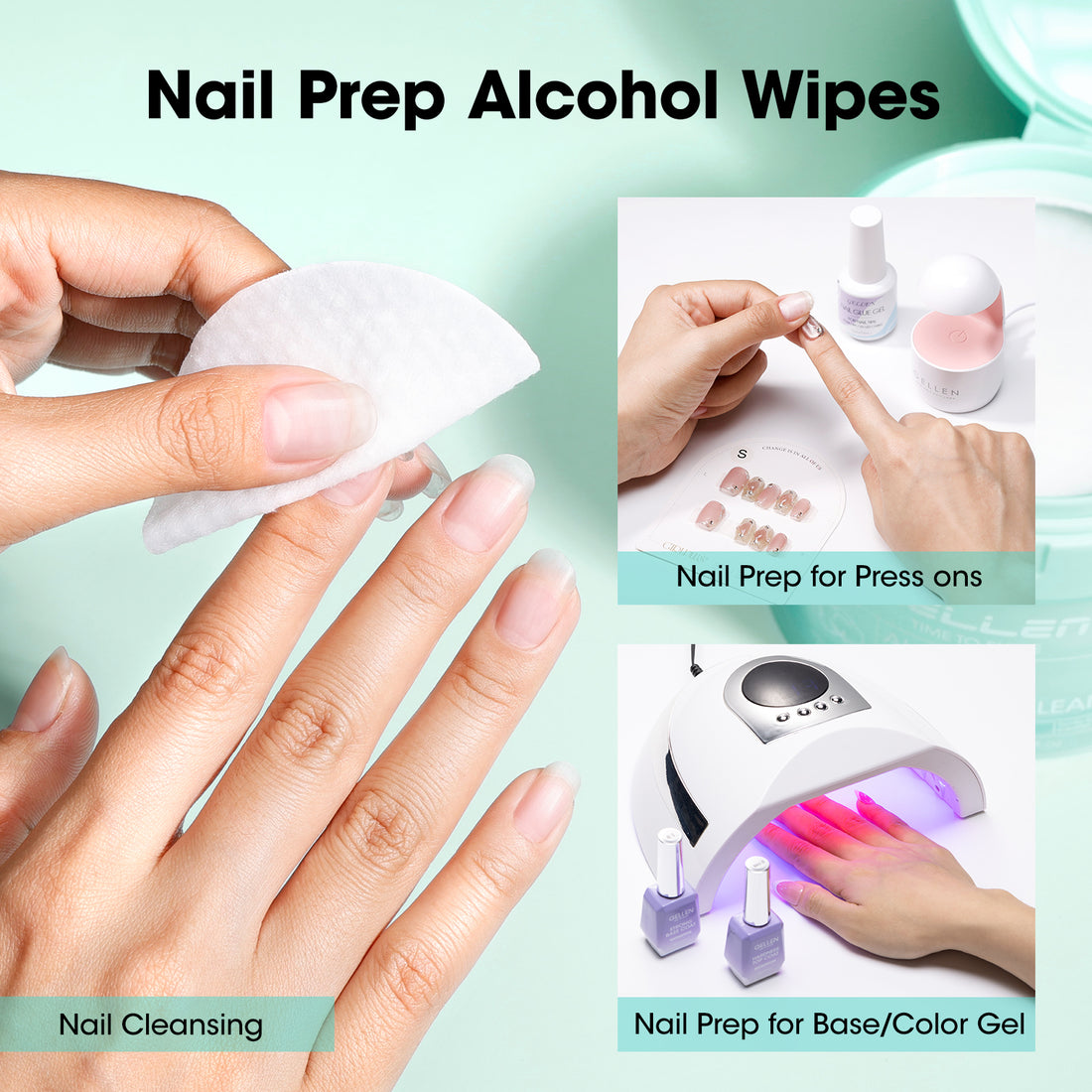 Gellen 120Pcs Nail Cleanser Pads, Lint-Free Alcohol Nail Wipes for Nails, Pre-Moistened Dual-Textured Nail Prep Pads in Jar, Remove Tacky Residue, Prep UV/LED Gel Polish, Acrylic & Press-on Nails