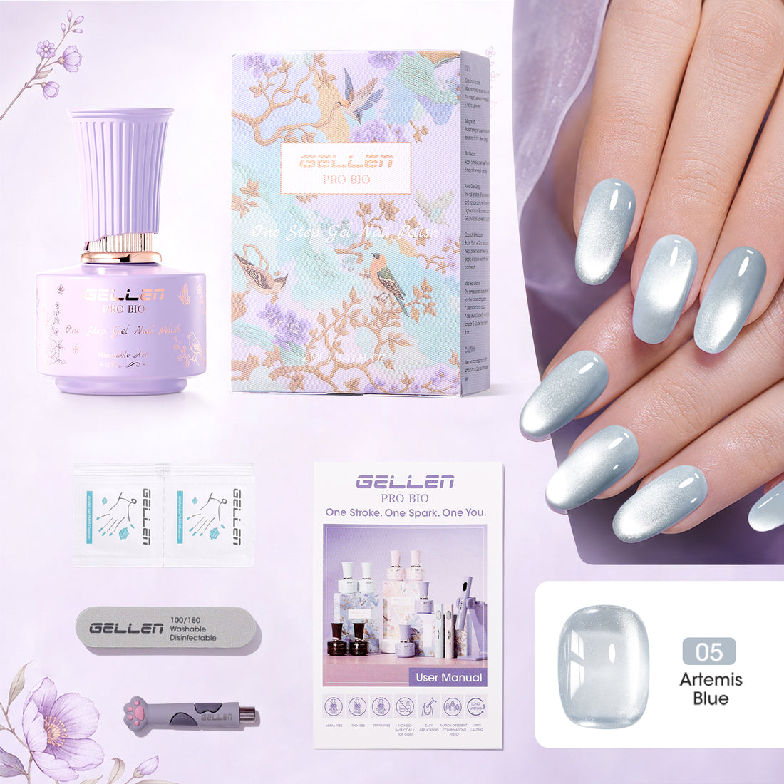 Gellen One Step Cat Eye Gel Nail Polish, 5-in-1 Magnetic Gel Polish Set, UV Lamp Needed Cured, No Base Top Needed, DIY Manicure for Women Beginners, 05 Sheer Baby Blue