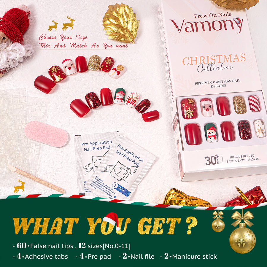 Vamony Short Square Press on Nails, Fake Nail Tips Kit with Adhesive Tabs, Mani Sticks and Files, 30 Count Xmas03 French False Nails Set Gift for Girls Women