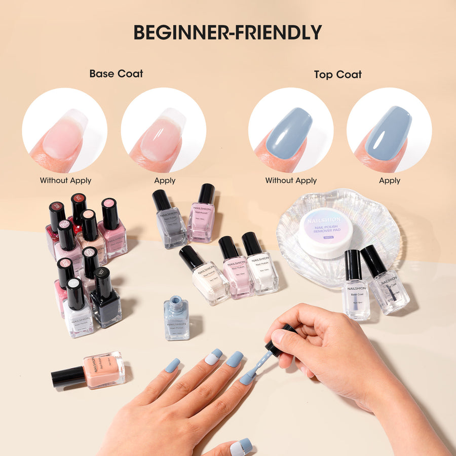 Nailshion Quick Air Dry Nail Polish Set, 16 Colors 10ML Nude Gray Burgundy Nail Polish with Clear Base Top Coat and 35Pcs Remover Pads Fall Regular Nail Lacquer Gift for Women Girls
