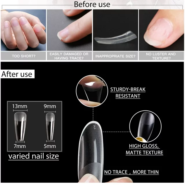 Gellen Nail Tips and Glue Gel Kit, False Nail Kit Easy Nail Extension Set with 240Pcs Full Matte Almond Gel Nail Tips, Nail Glue Base Gel and LED Nail Lamp