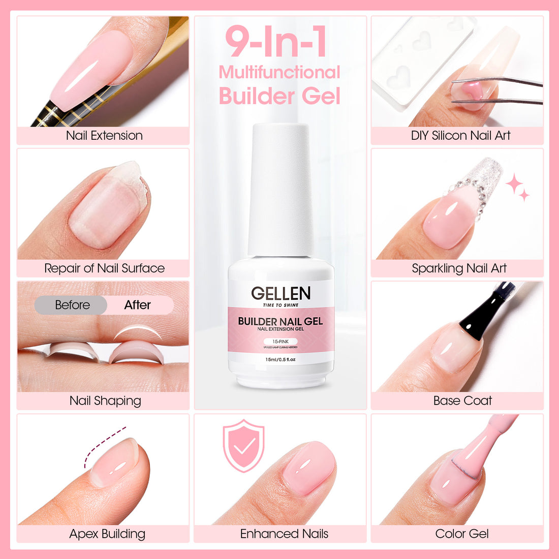 Gellen Builder Nail Gel, 9 in 1 Light Pink Gel Builder for Nail Thickening, LED Nail Lamp Cured Hard Gel Builder Gel Nail Polish Base Gel Extension Gel Building Gel