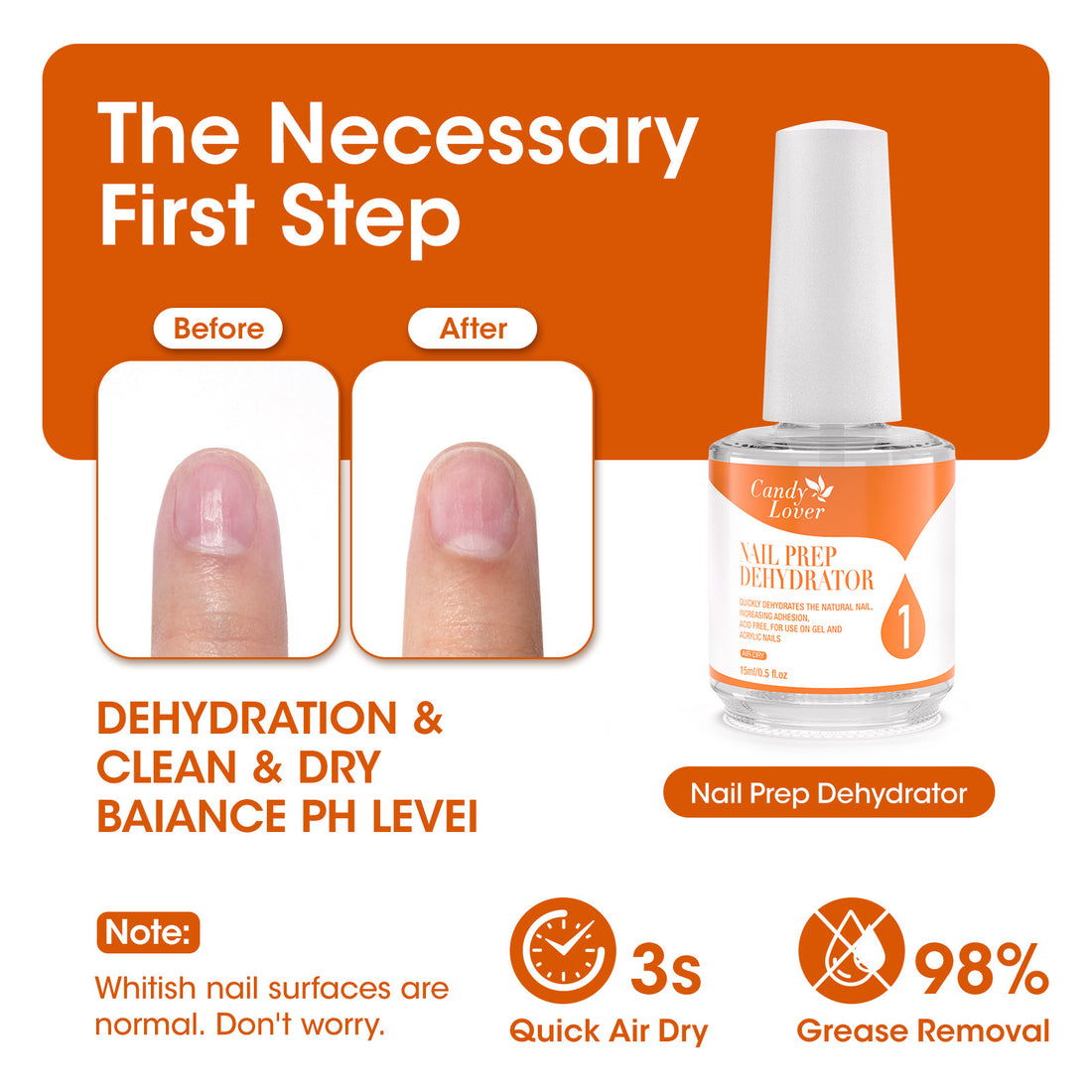 Candy Lover Nail Dehydrator and Primer Set, 15ML Hema-free Air Dry Nails Prep Dehydrate & Acid-free Bond Primer System Kit for Long Lasting Gel Nail Polish Acrylic Press-ons Nail Art Supplies