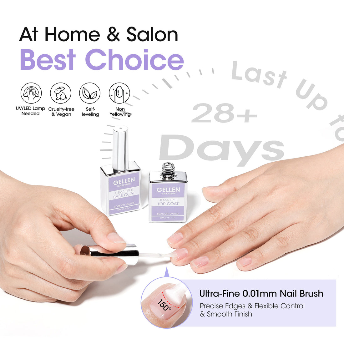 Gellen Hema-Free Gel Base and Top Coat Set, 2Pcs 20ML No Wipe Glossy Gel Top Coat, Clear UV Base Coat Gel Nail Polish, Soak Off Nail Lamp Gel Base Top Coat Nail Art Home Manicure