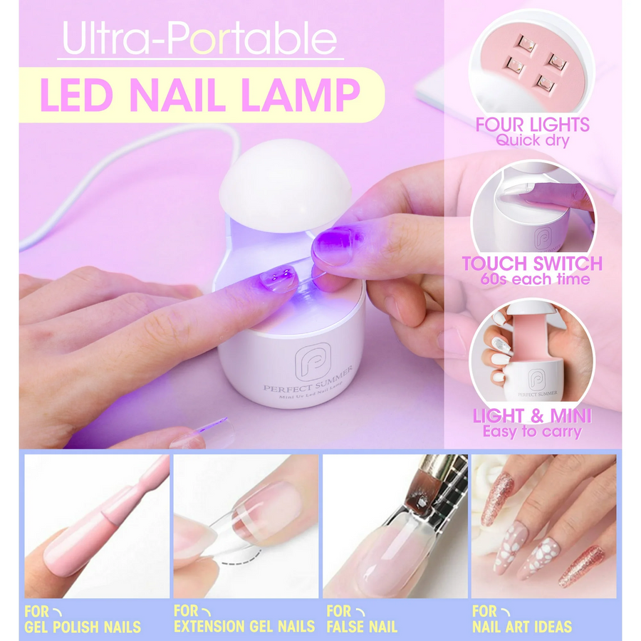 Perfect Summer Nail Tips and Glue Gel Kit, 504pcs Short-square False Nail Tips, 3 in 1 Base Coat and Strengthen Gel, Portable UV Nail Lamp, Gel Nail Extension Kit, Acrylic Nail Kit