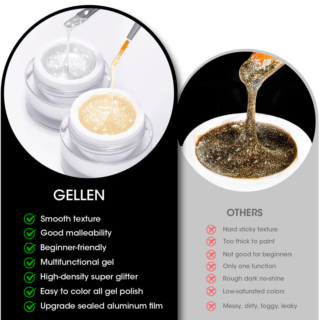 Gellen Glitter Gold&Sliver Gel Polish, Metal Platinum Reflective Painting Gel for Nails Drawing French-tip Floral Painted Liner Soak off UV/LED Cured for Salon DIY Nail Art