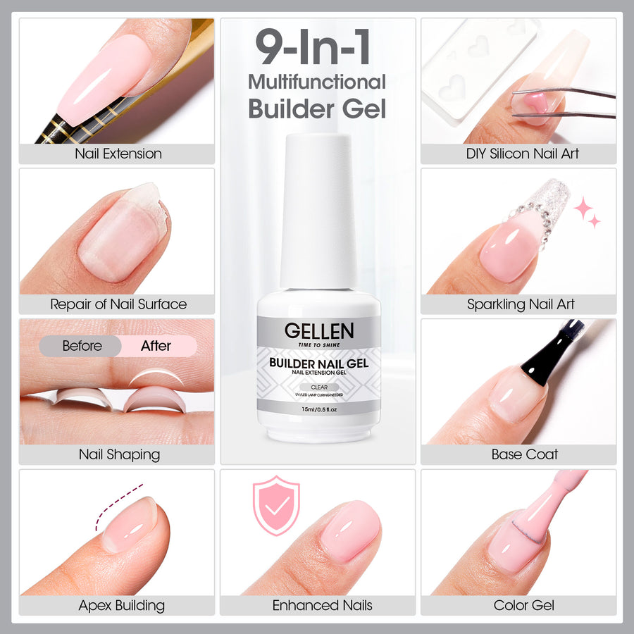 Gellen Builder Nail Gel, 9 in 1 Clear Gel Builder for Nail Thickening, LED Nail Lamp Cured Hard Gel Builder Gel Nail Polish Base Gel Extension Gel Building Gel