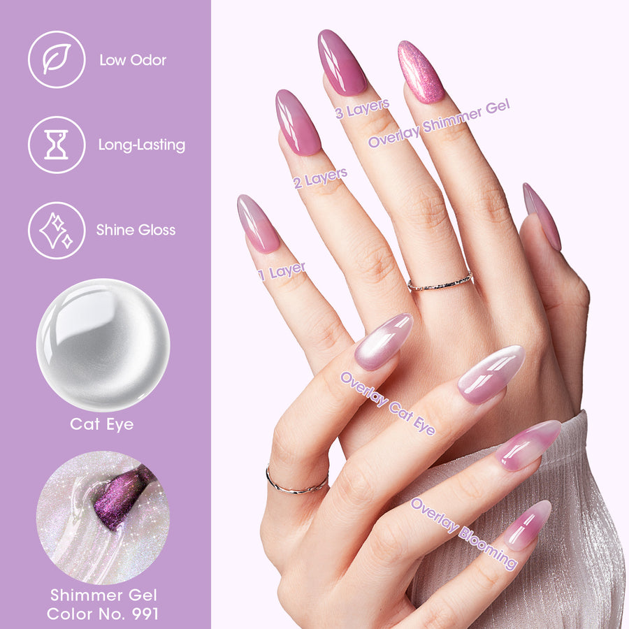 Gellen 6×8ml Gel Nail Polish Kit with Magnet, Natural 4 Effects Cat Eye & Blooming & Shimmer & Nude Gel Polish Set, Soak off Nail Gel At Home Salon Use, Plum White Series