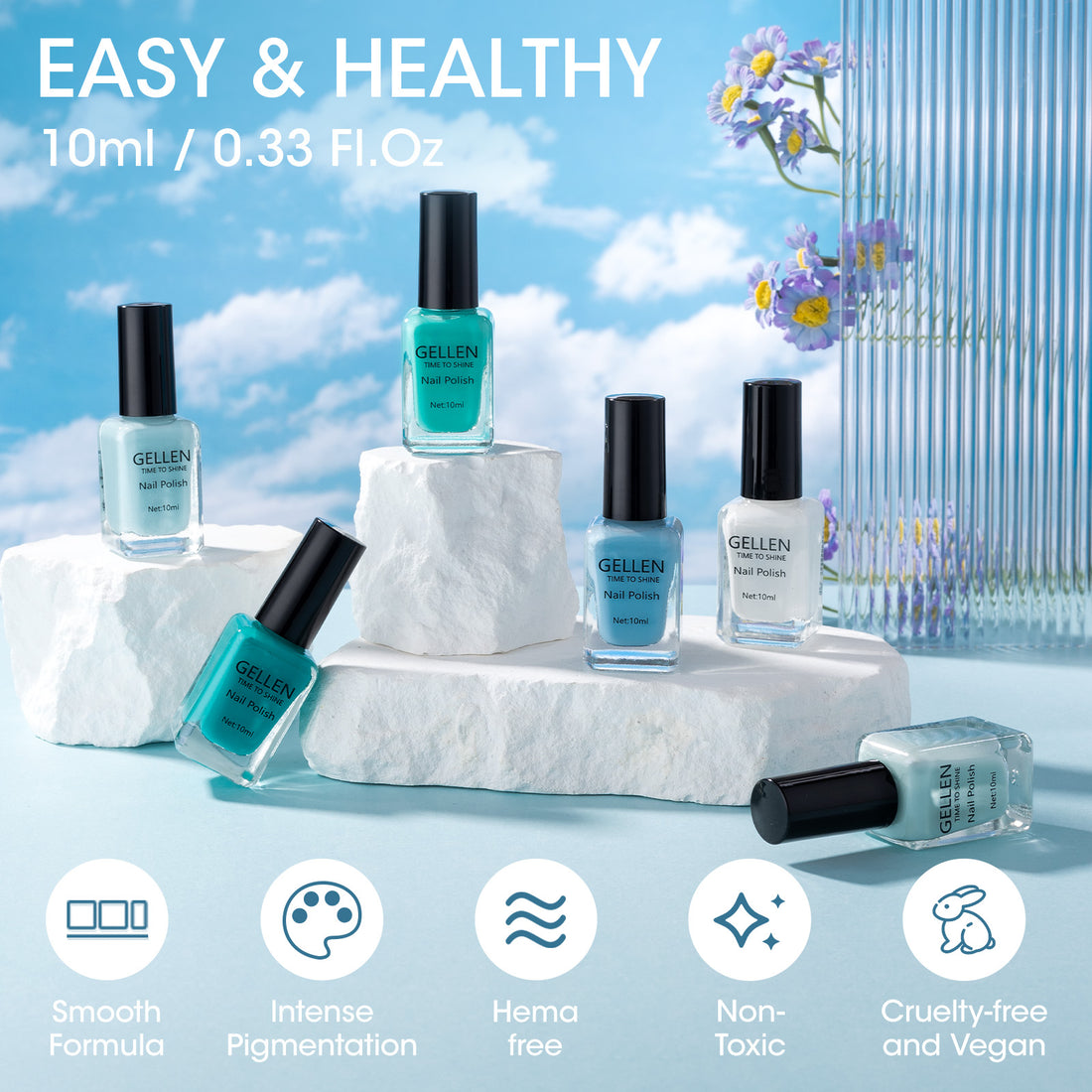 Gellen Nail Polish, Quick Air Dry 6 Colors Nail Lacquer Set Summer Ocean Blue Trendy Nail Polish Kit for Nail Manicure DIY Art Home, No UV Light Needed, 0.33 oz Each Bottle