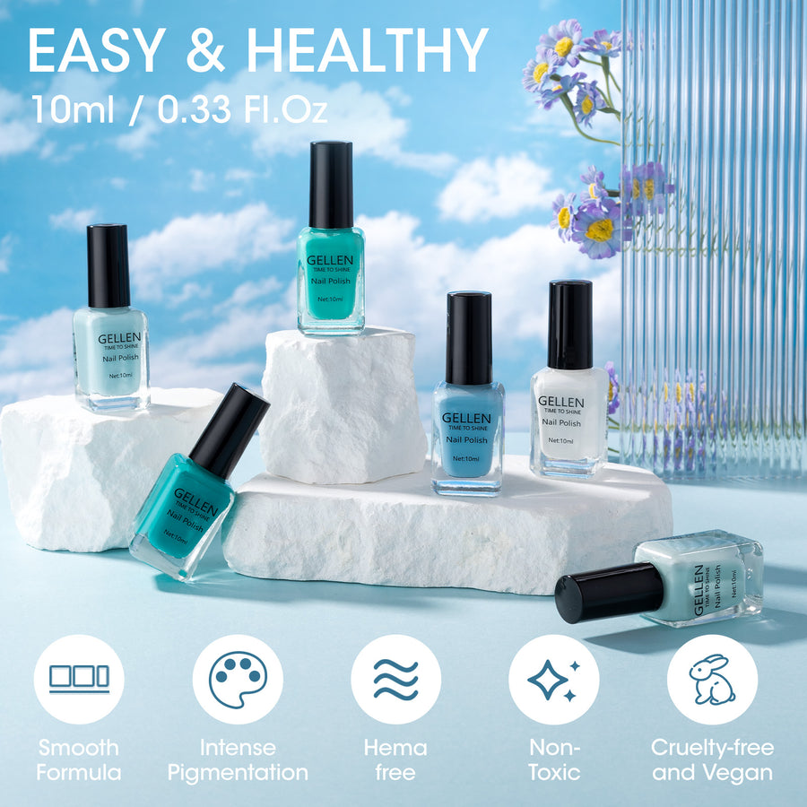 Gellen Nail Polish, Quick Air Dry 6 Colors Nail Lacquer Set Summer Ocean Blue Trendy Nail Polish Kit for Nail Manicure DIY Art Home, No UV Light Needed, 0.33 oz Each Bottle
