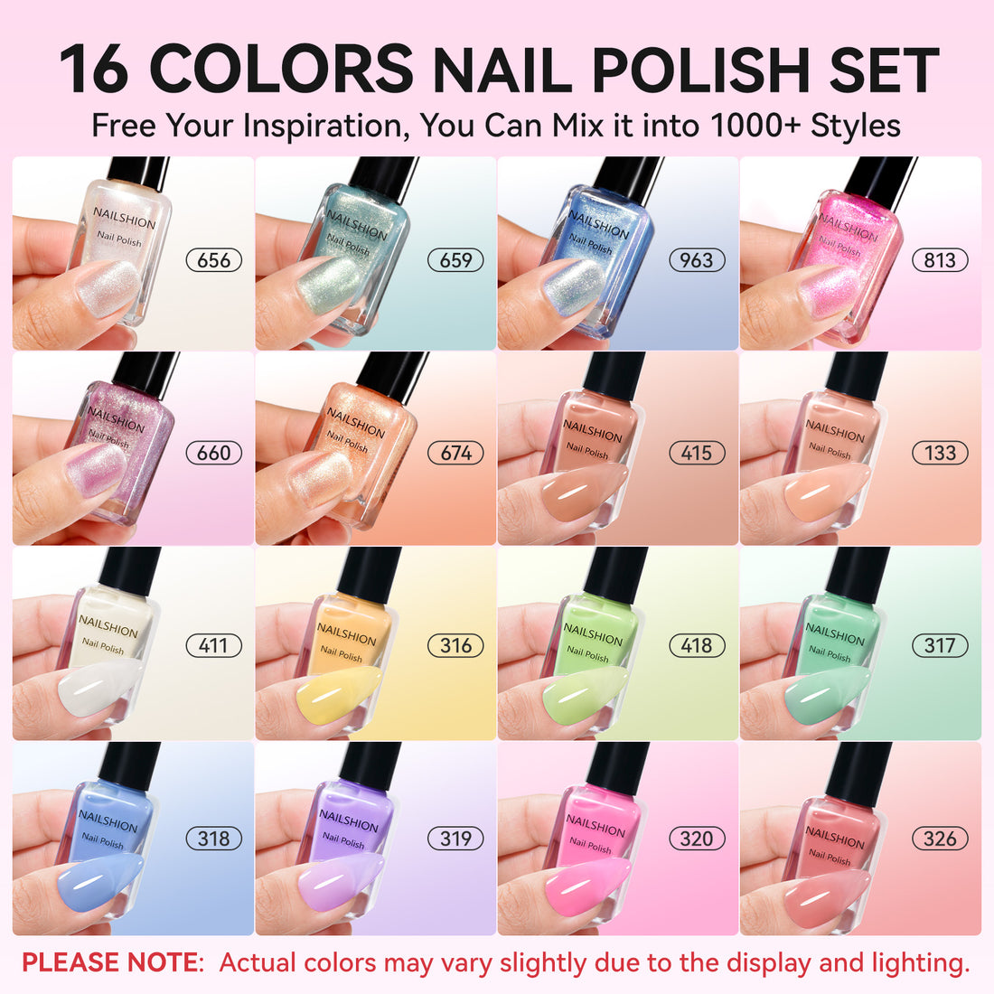 Nailshion Quick Air Dry Nail Polish Set, 16 Colors 10ML Jelly Glitter Shimmer Holographic Nail Polish with Clear Base Top Coat and 35Pcs Remover Pads Summer Regular Nail Lacquer Gift for Women Girls