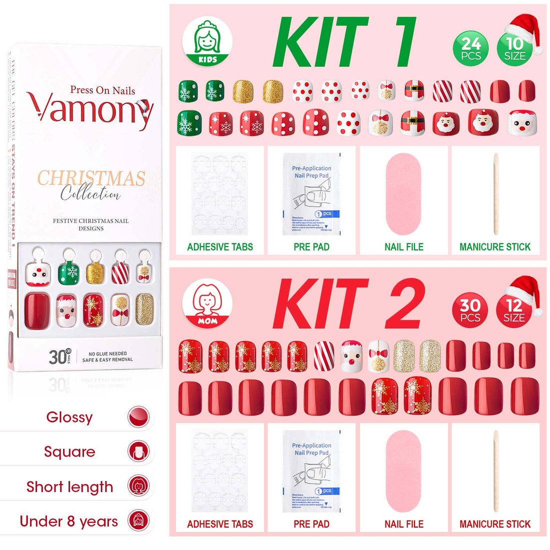 Vamony Short Square Press on Nails, Fake Nail Tips Kit with Adhesive Tabs, Mani Sticks and Files, 30 Count Xmas06 French False Nails Set Gift for Mom & Kids