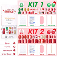 Vamony Short Square Press on Nails, Fake Nail Tips Kit with Adhesive Tabs, Mani Sticks and Files, 30 Count Xmas06 French False Nails Set Gift for Mom & Kids