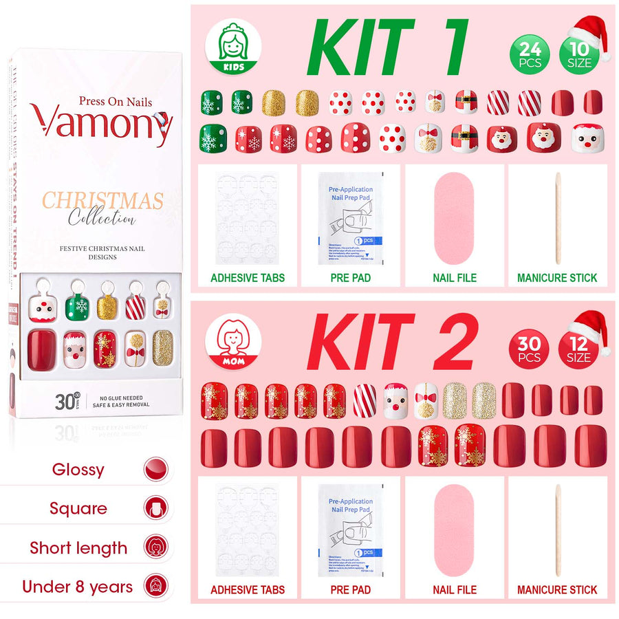 Vamony Short Square Press on Nails, Fake Nail Tips Kit with Adhesive Tabs, Mani Sticks and Files, 30 Count Xmas06 French False Nails Set Gift for Mom & Kids