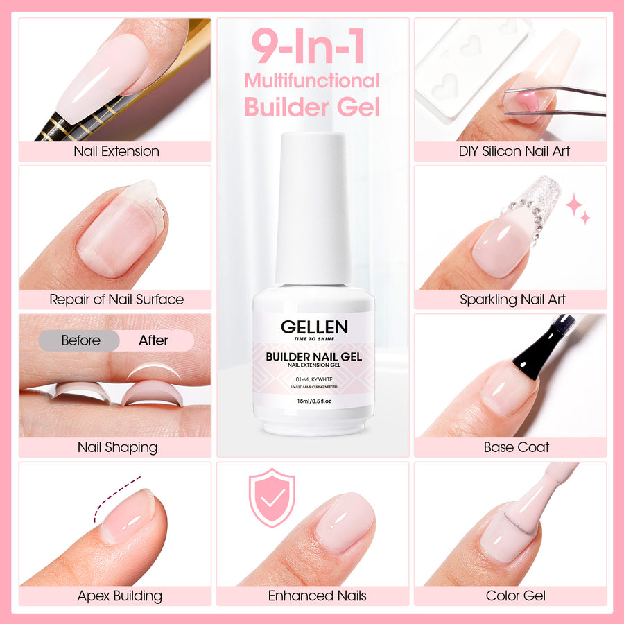 Gellen Builder Nail Gel, 9 in 1 Nude Gel Builder for Nail Thickening, LED Nail Lamp Cured Hard Gel Builder Gel Nail Polish Base Gel Extension Gel Building Gel