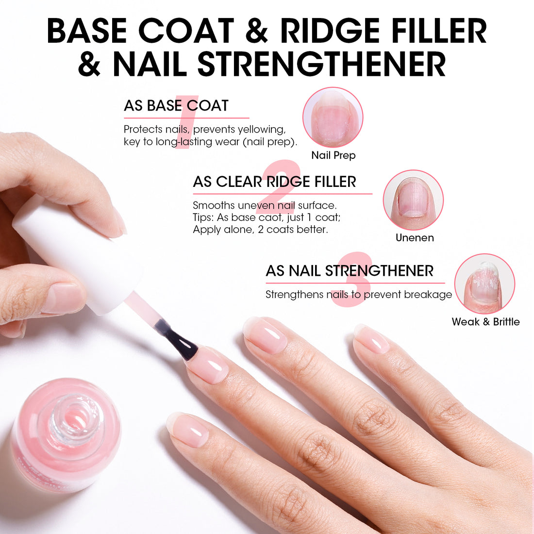 Gellen Base & Top Coat Nail Polish Set, Pink Nail Ridge Filler & High Shine Top Coat Duo, Nail Strengthener for Weak Damaged Nails, Quick Dry Chip Resistant Clear Nail Polish, HEMA Free