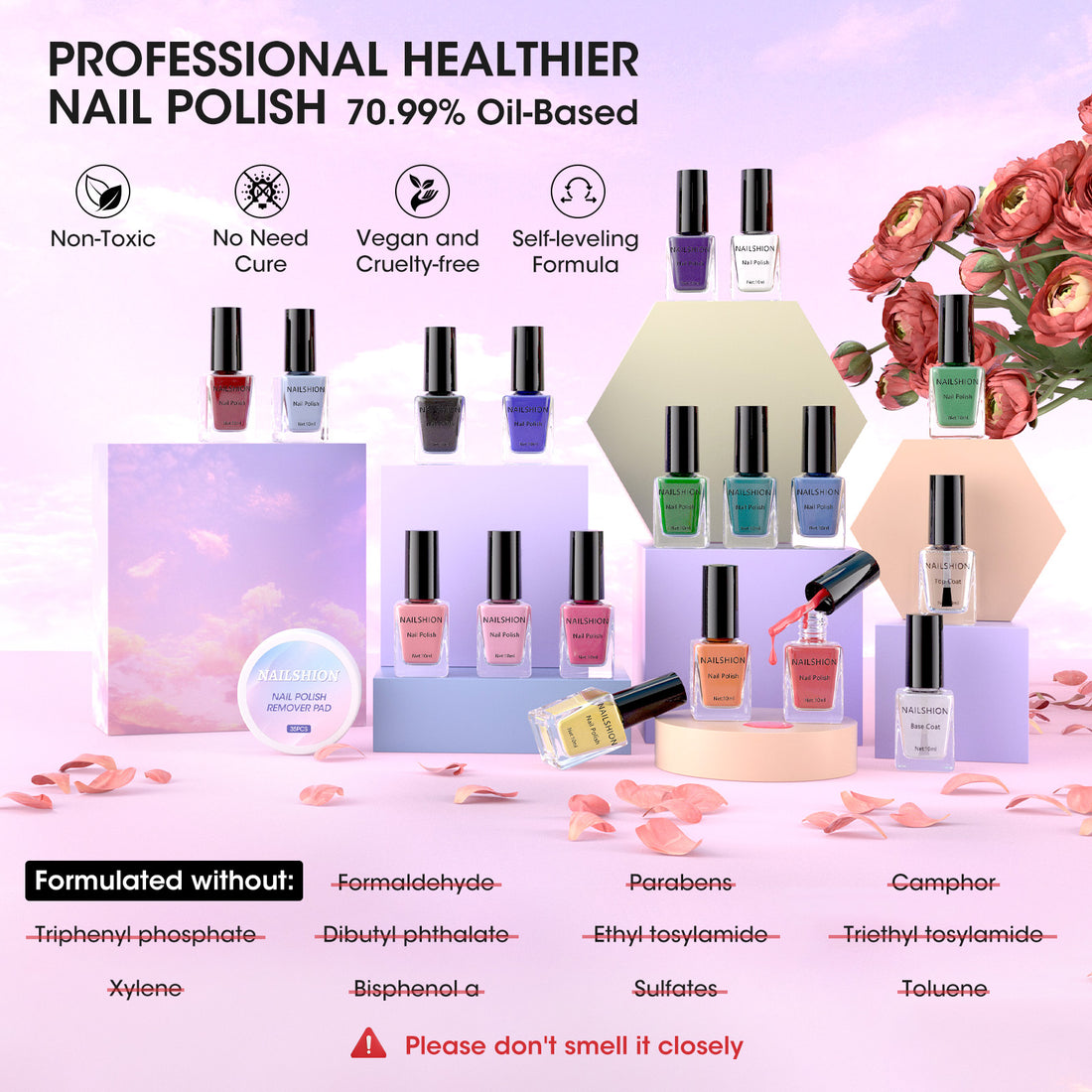 Nailshion Quick Air Dry Nail Polish Set, 16 Colors 10ML Rainbow Nail Polish with Clear Base Top Coat and 35Pcs Remover Pads Spring Summer Regular Nail Lacquer Gift for Women Girls