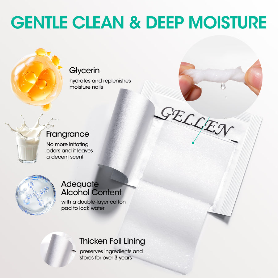Gellen Nail Cleanser Pads, 200Pcs Individually Wrapped Alcohol Prep Pads Nail Shine Wipes with 76% Isopropyl, Acetone Free Natural Nail Cleaning Alcohol Wipe for Press-On Gel Polish Nail Art Supplies