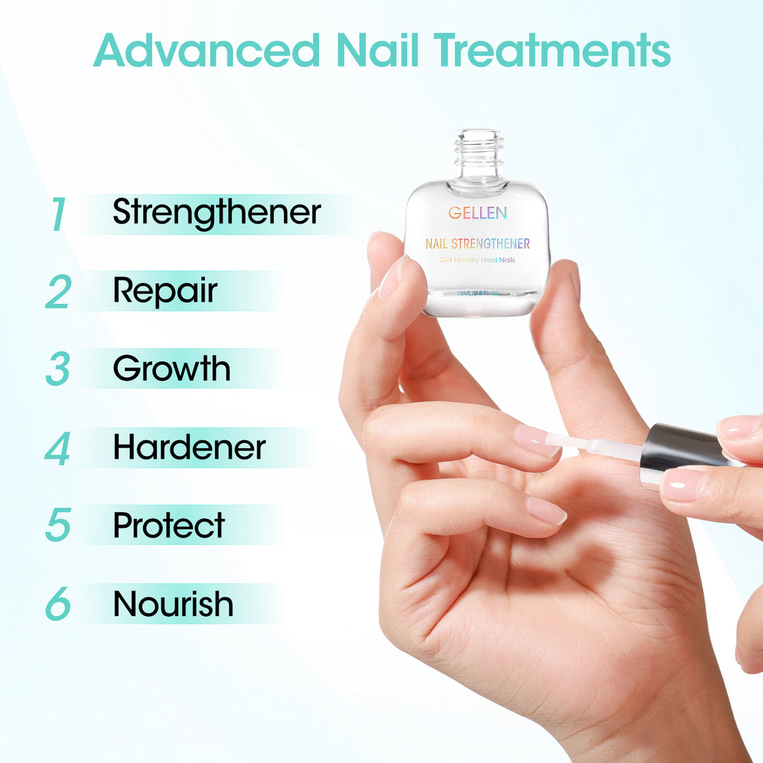 Gellen 15ml Nail Strengthener, Air Dry Clear Finish Nail Growth Strengthener for Thin Weak and Damaged Nails Repair Solution with Protein Keratin Calcium Nourish Nail Care Treatment, Unscented