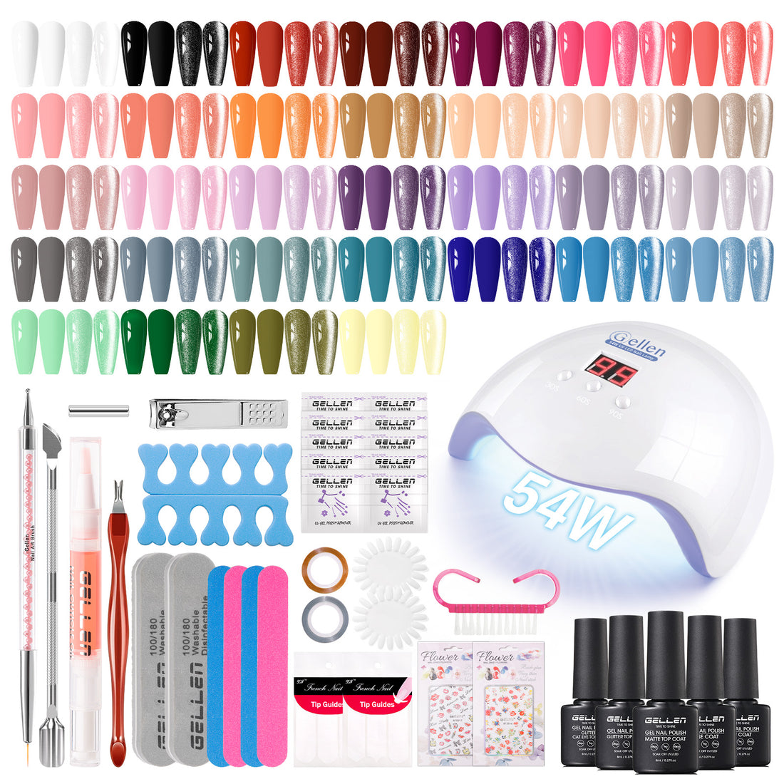Gellen 71Pcs Gel Nail Polish Kit with 54W UV Light, 32Colors Mist & Sparkle All Seasons Hema-Free Gel Polish Set with 5pcs Functional Gel Top Base Coat, Nail Art Salon Manicure for Women