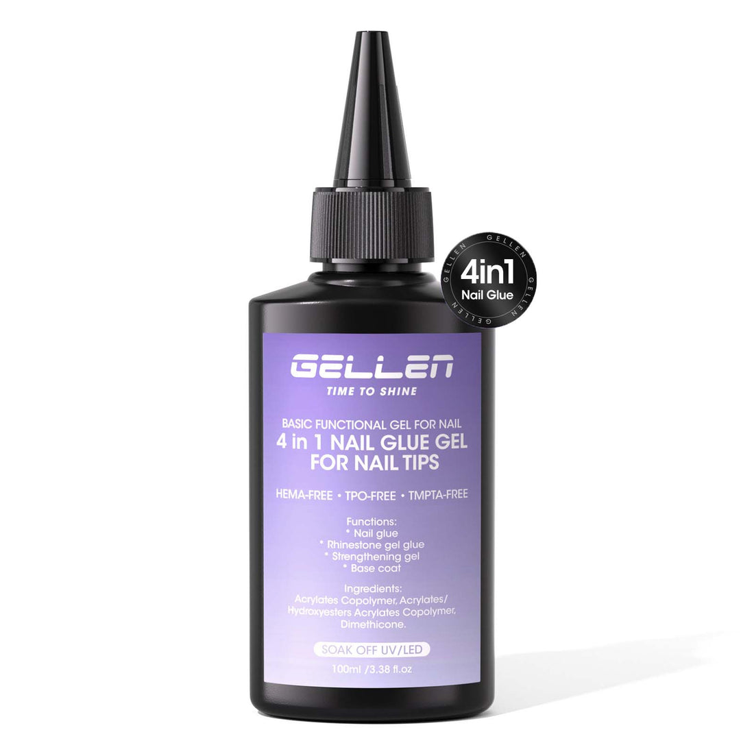 Gellen 100ML Nail Glue Gel for Nail Tips, 4-in-1 UV Light Needed Nail Gel As Base Gel, As Rhinestone Glue for Nail Art, As Nail Tips Glue for Press on Acrylic and False Nails and As Strengthener Gel