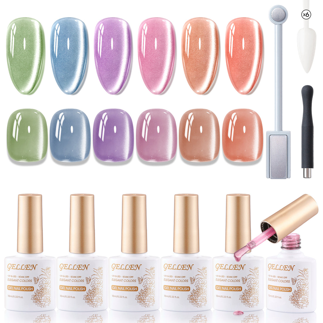 Gellen Cat Eye Gel Nail Polish Kit with Magnet, 6×10ml Glossy Mirror Effect Natural Glitter Gel Polish Set, Soak off Nail Gel At Home Salon Use