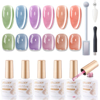 Gellen Cat Eye Gel Nail Polish Kit with Magnet, 6×10ml Glossy Mirror Effect Natural Glitter Gel Polish Set, Soak off Nail Gel At Home Salon Use
