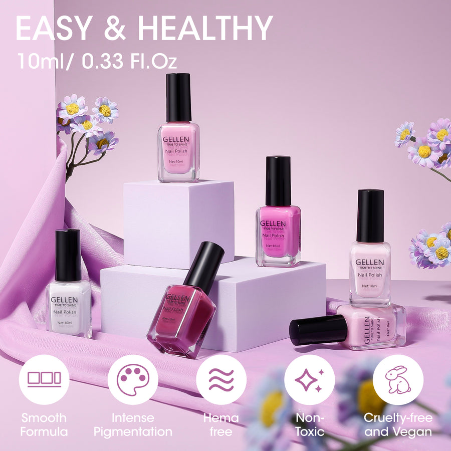 Gellen Nail Polish, Quick Air Dry 6 Colors Nail Lacquer Set Lavender Purple Trendy Nail Polish Kit for Nail Manicure DIY Art Home, No UV Light Needed, 0.33 oz Each Bottle