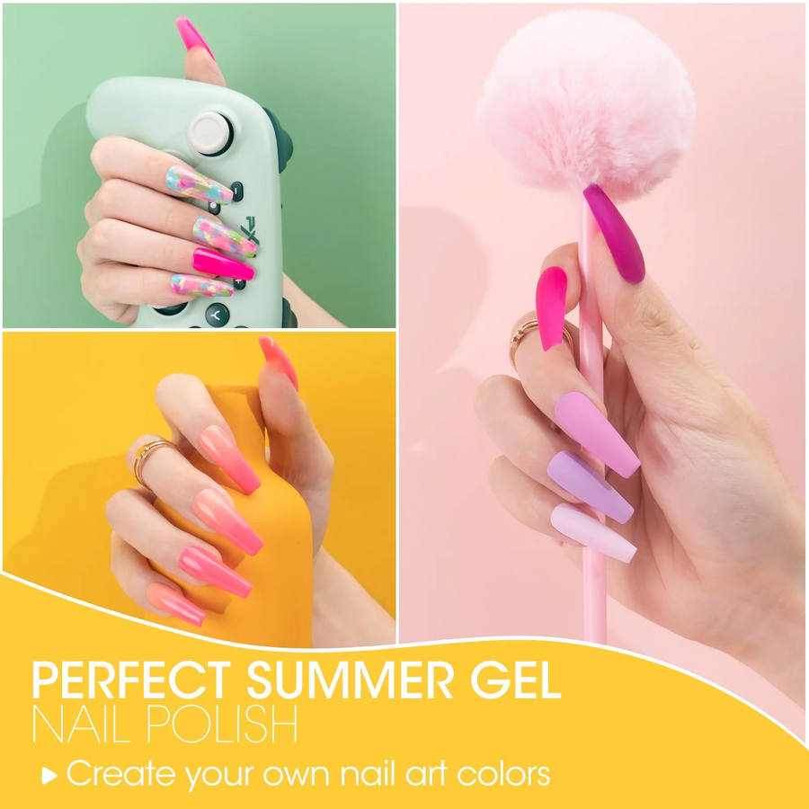 Perfect Summer Gel Nail Polish Kit, 20 Rainbow Neon Glitter Colors with No Wipe Glossy Matte Top Base Coat, Soak off UV Nail Gel Polish, Home Salon Gift for Girls Women