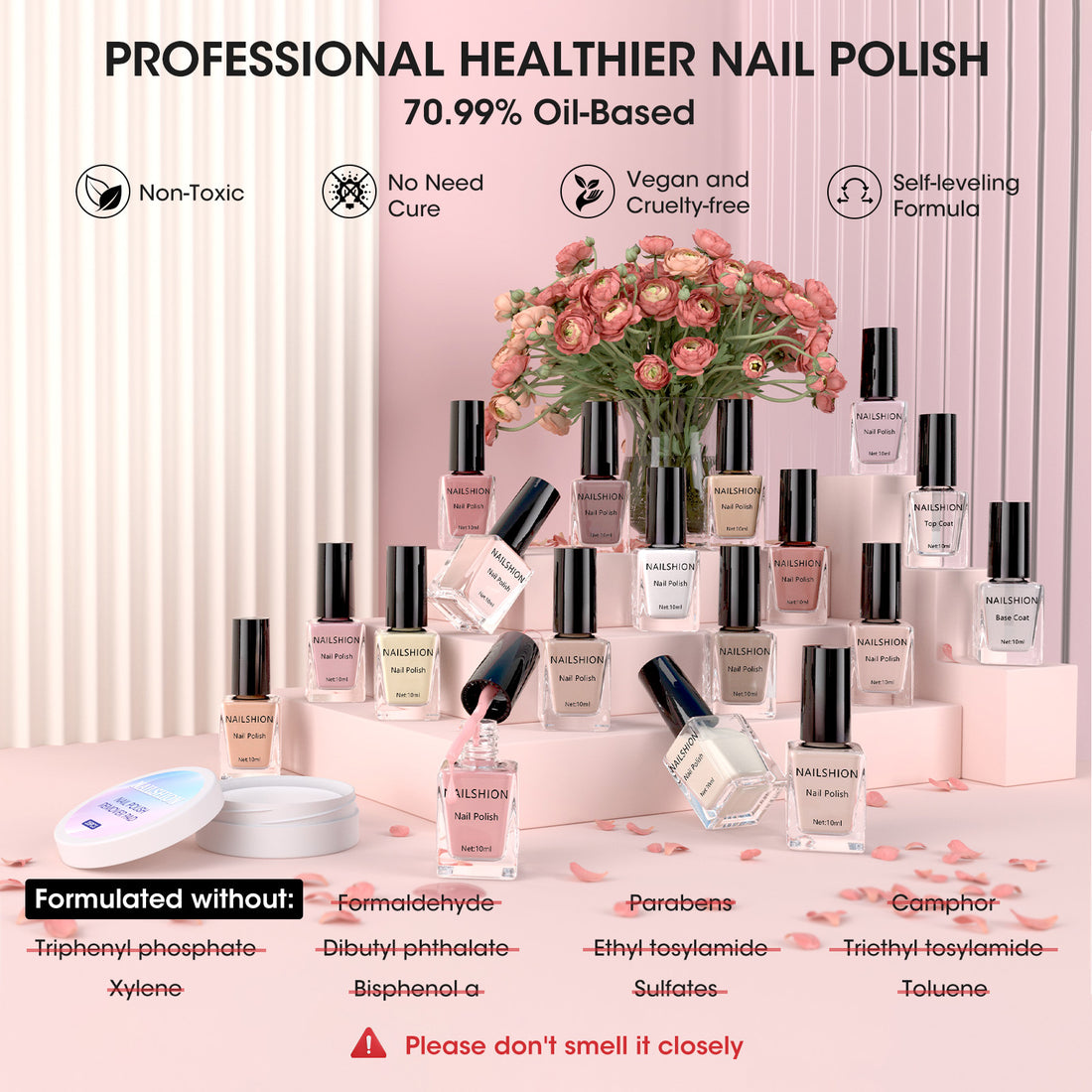 Nailshion Quick Air Dry Nail Polish Set, 16 Colors 10ML Nude Pink Peachy Nail Polish with Clear Base Top Coat and 35Pcs Remover Pads All Season Regular Nail Lacquer Gift for Women Girls