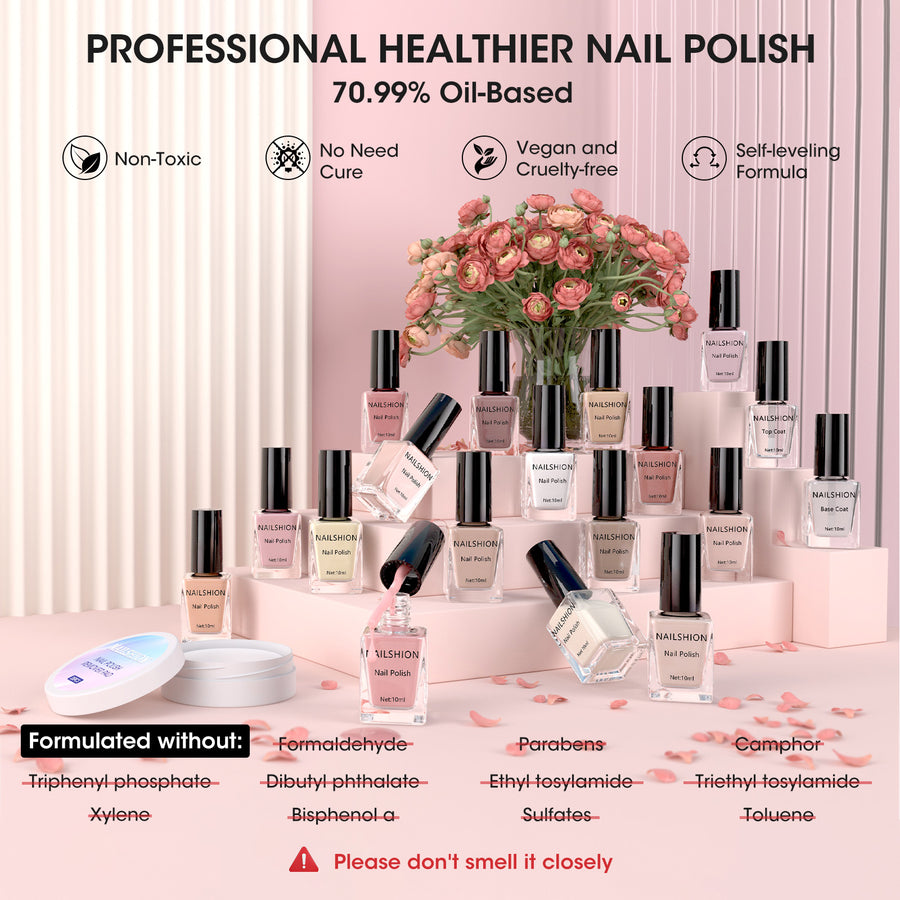 Nailshion Quick Air Dry Nail Polish Set, 16 Colors 10ML Nude Pink Peachy Nail Polish with Clear Base Top Coat and 35Pcs Remover Pads All Season Regular Nail Lacquer Gift for Women Girls