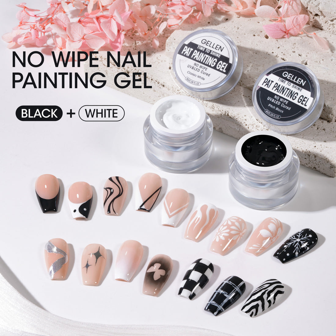 Gellen Black & White Nail Painting Gel, Metal Platinum Reflective Painting Gel Polish for Nails Drawing French-tip Floral Painted Liner Soak off UV/LED Cured for Salon DIY Nail Art