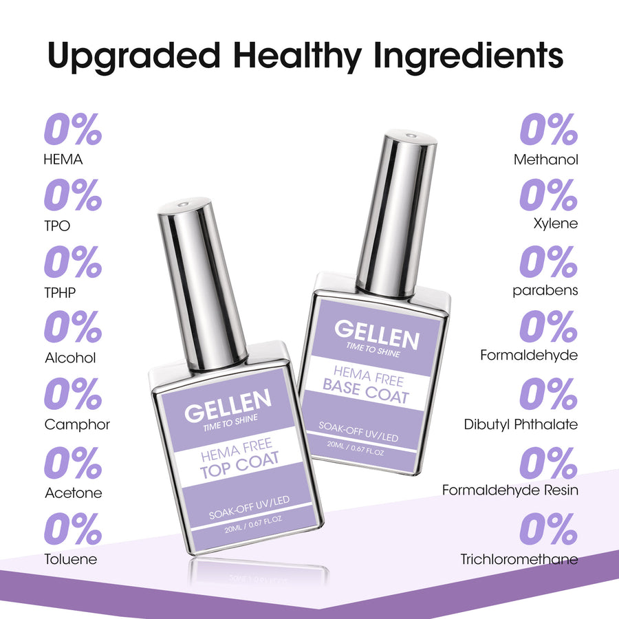 Gellen Hema-Free Gel Base and Top Coat Set, 2Pcs 20ML No Wipe Glossy Gel Top Coat, Clear UV Base Coat Gel Nail Polish, Soak Off Nail Lamp Gel Base Top Coat Nail Art Home Manicure