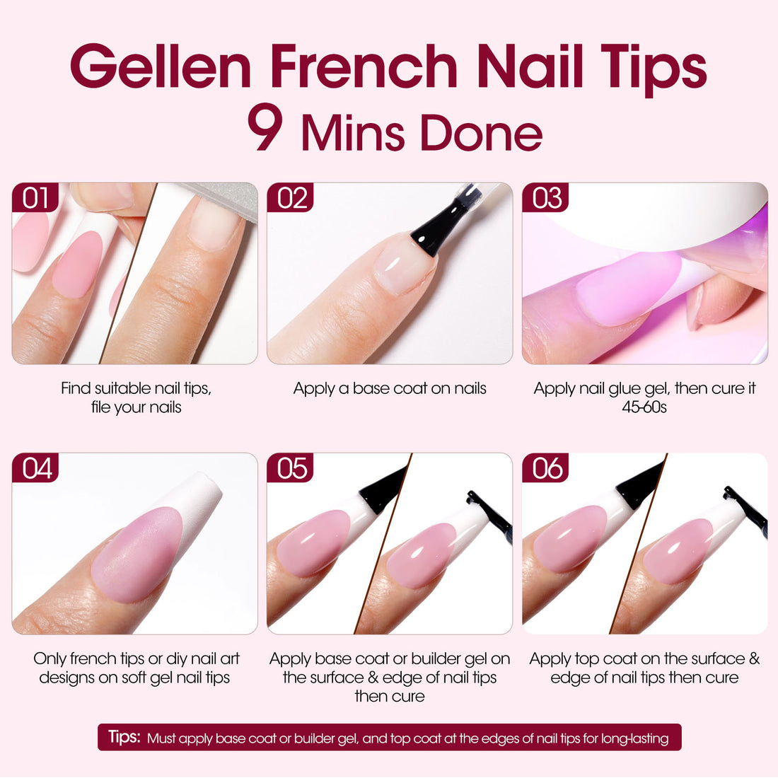 Gellen French Tips Press on Nails - 150 Pcs Pink Short Square, Salon Acrylic Press on Nails Soft Gel Nail Tips, 15 Sizes Fake Nails 3 in 1 Pre-french French Tips Full Cover Tips for Nail Art