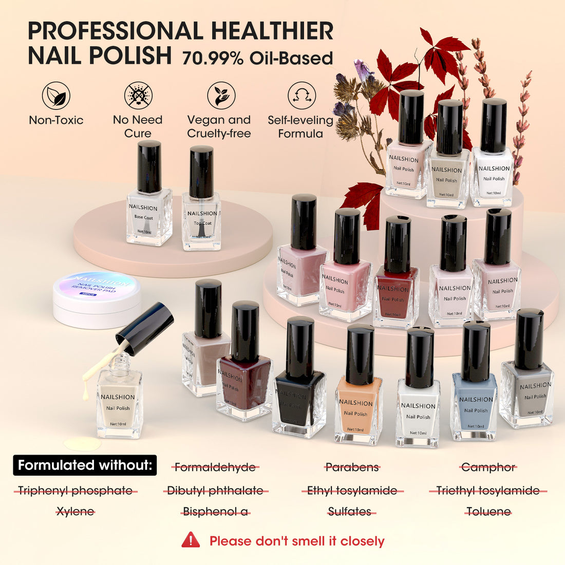 Nailshion Quick Air Dry Nail Polish Set, 16 Colors 10ML Nude Gray Burgundy Nail Polish with Clear Base Top Coat and 35Pcs Remover Pads Fall Regular Nail Lacquer Gift for Women Girls