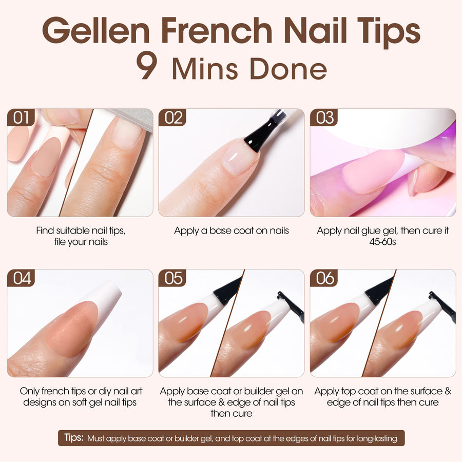 Gellen French Tips Press on Nails - 150 Pcs Brown Medium Coffin, Salon Acrylic Press on Nails Soft Gel Nail Tips, 15 Sizes Fake Nails 3 in 1 Pre-french French Tips Full Cover Tips for Nail Art